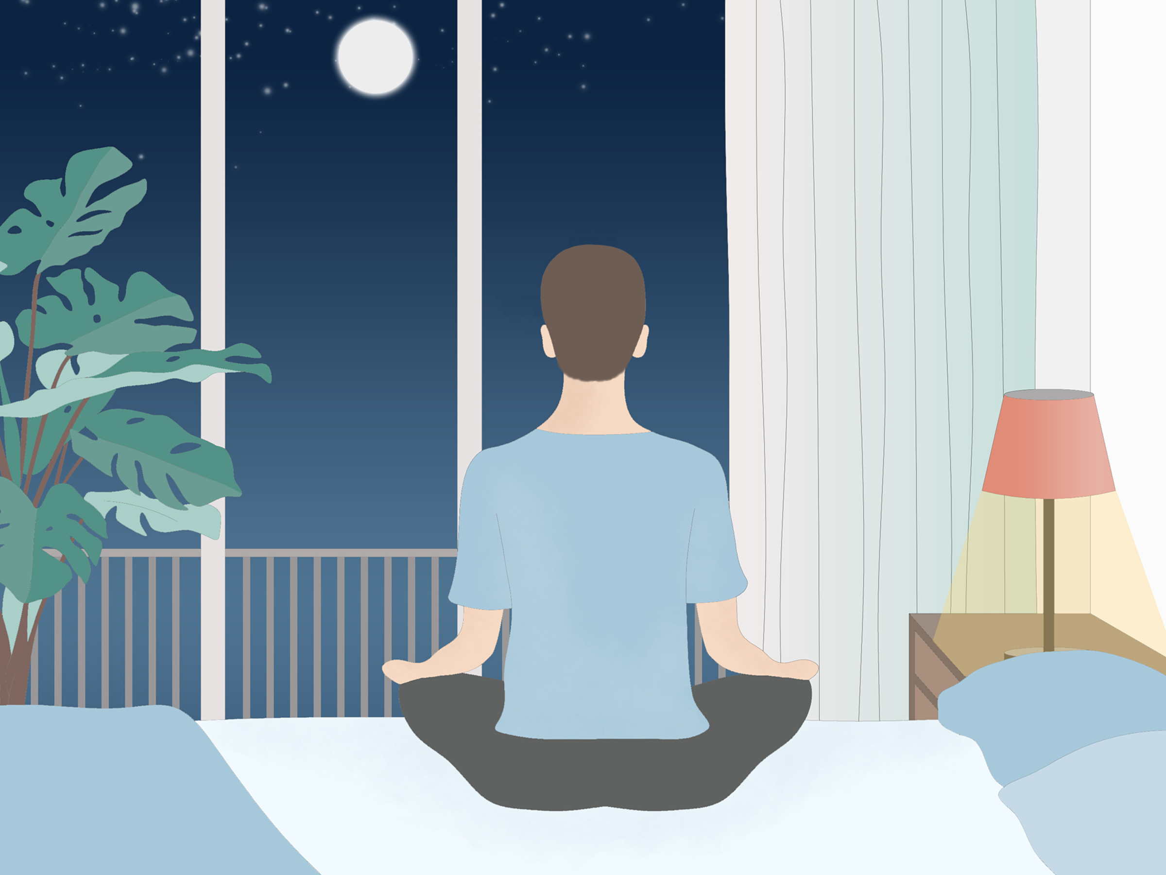 Man meditating inside at night with a full moon